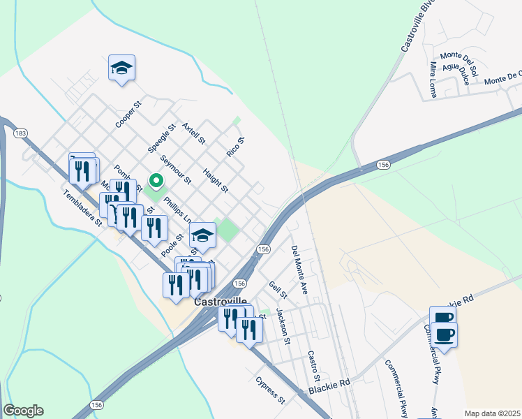 map of restaurants, bars, coffee shops, grocery stores, and more near 11199 Axtell Street in Castroville