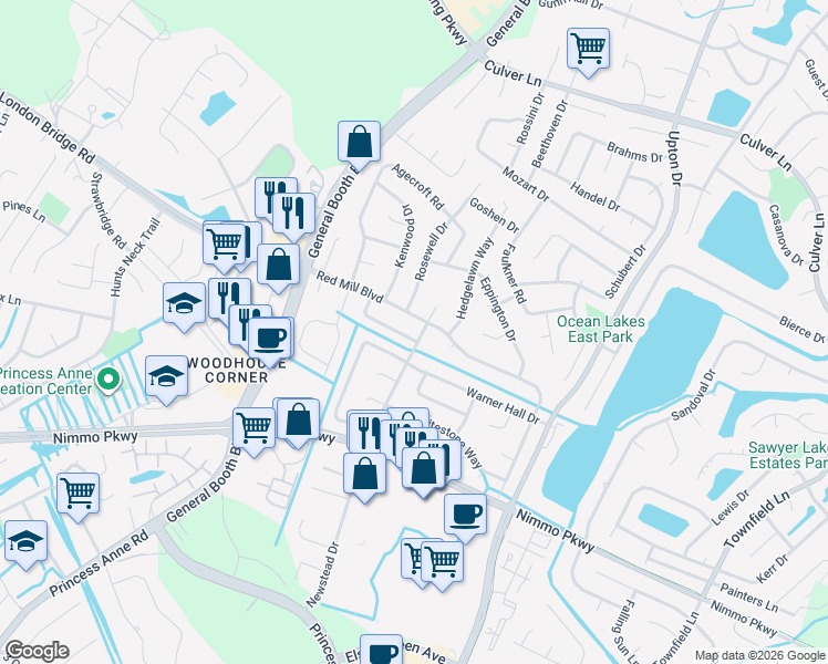 map of restaurants, bars, coffee shops, grocery stores, and more near 1169 Hopemont Drive in Virginia Beach