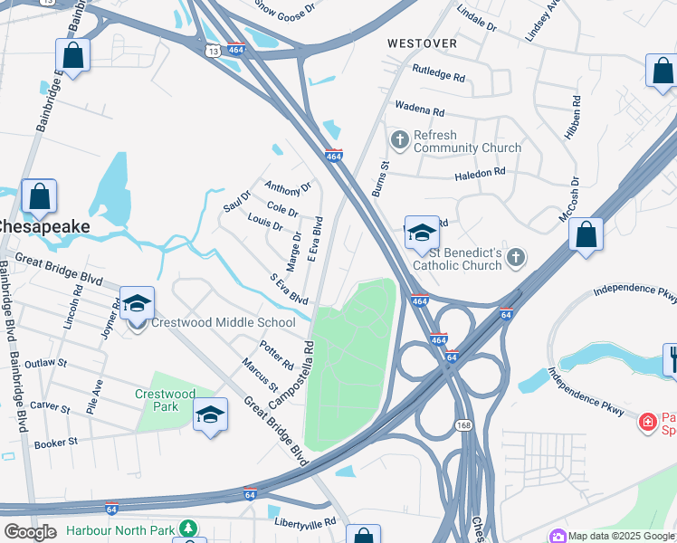 map of restaurants, bars, coffee shops, grocery stores, and more near 1204 Keats Landing in Chesapeake