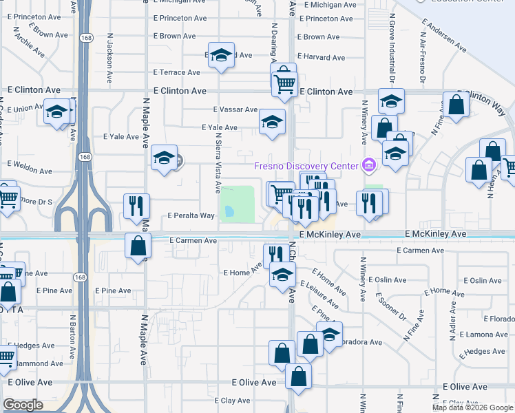 map of restaurants, bars, coffee shops, grocery stores, and more near 1729 North Recreation Avenue in Fresno