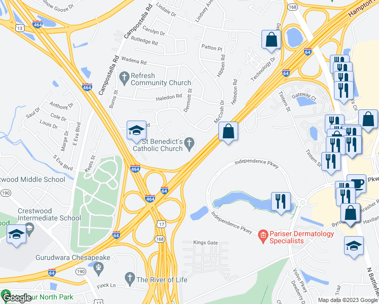 map of restaurants, bars, coffee shops, grocery stores, and more near 521 McCosh Drive in Chesapeake