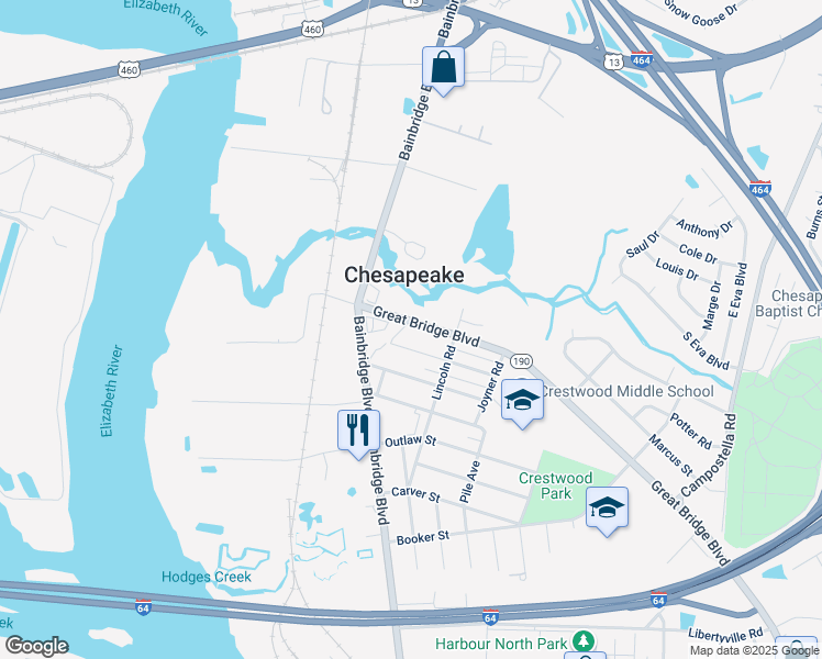 map of restaurants, bars, coffee shops, grocery stores, and more near 1620 Great Bridge Boulevard in Chesapeake