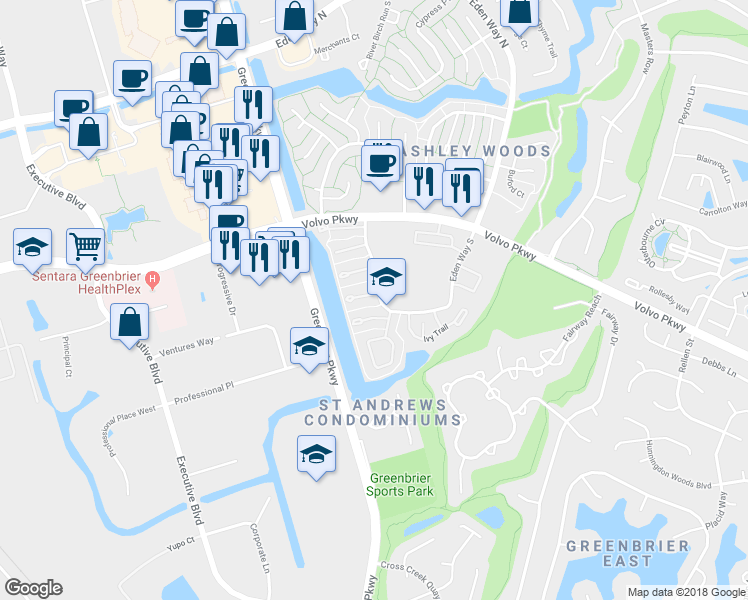 map of restaurants, bars, coffee shops, grocery stores, and more near 931 Ketch Court in Chesapeake