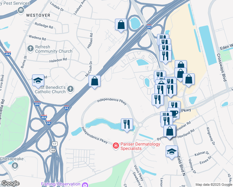 map of restaurants, bars, coffee shops, grocery stores, and more near 676 Independence Parkway in Chesapeake
