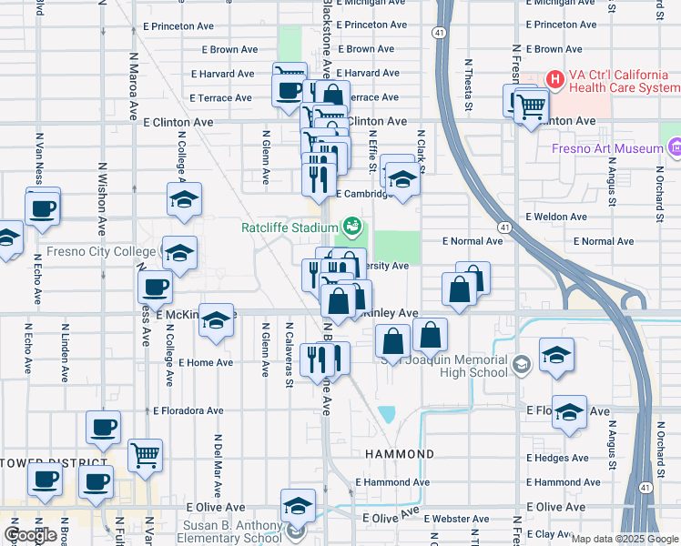 map of restaurants, bars, coffee shops, grocery stores, and more near 1744 East University Avenue in Fresno