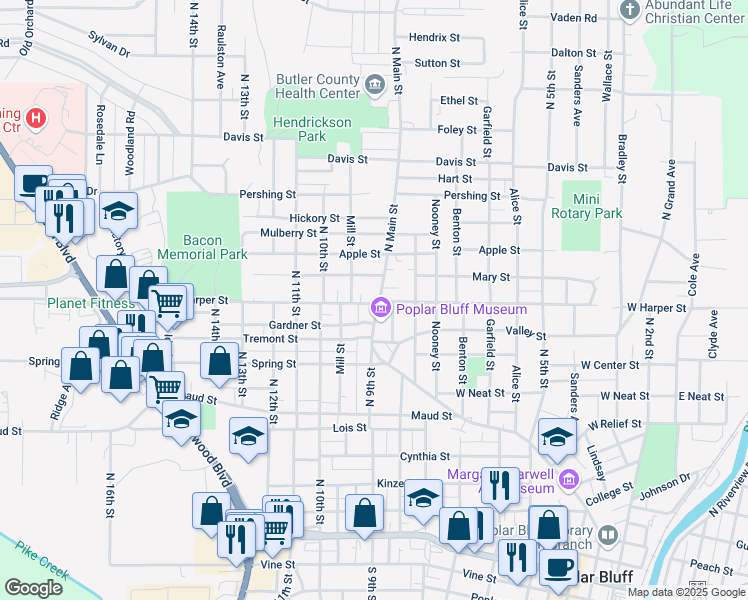 map of restaurants, bars, coffee shops, grocery stores, and more near 1101 North Main Street in Poplar Bluff
