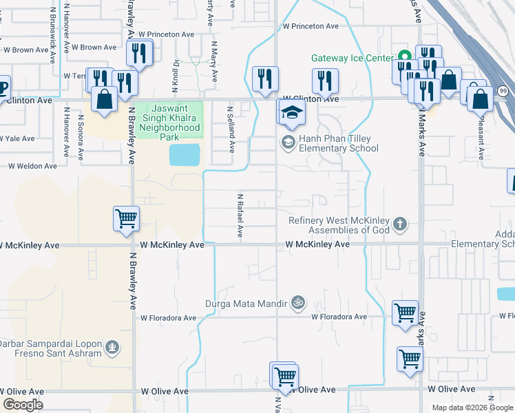 map of restaurants, bars, coffee shops, grocery stores, and more near 3452 West University Avenue in Fresno