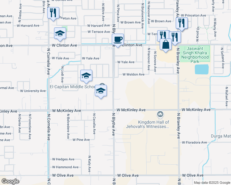 map of restaurants, bars, coffee shops, grocery stores, and more near 2108 North Blythe Avenue in Fresno