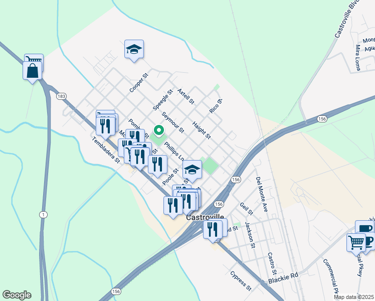 map of restaurants, bars, coffee shops, grocery stores, and more near 10961 Geil Street in Castroville