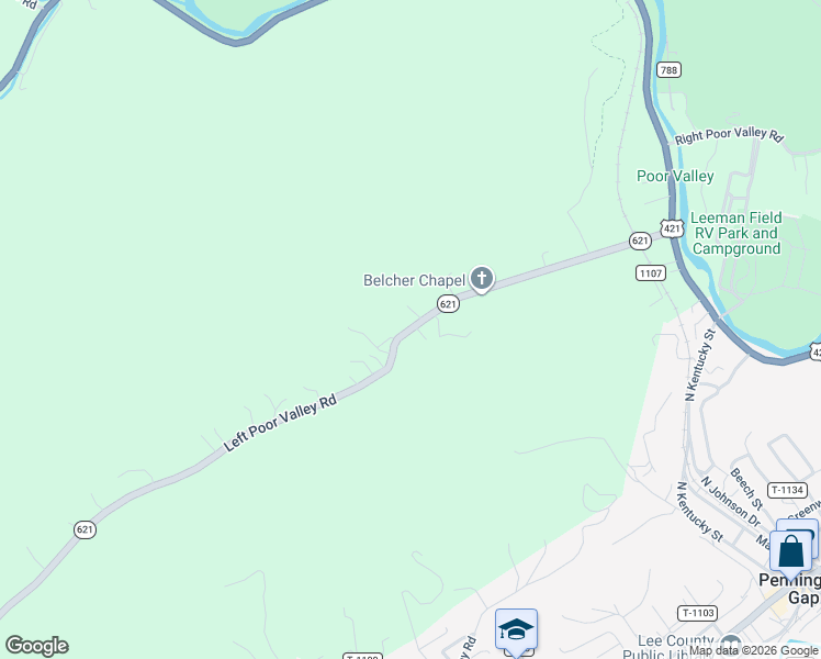 map of restaurants, bars, coffee shops, grocery stores, and more near State Route 621 in Pennington Gap