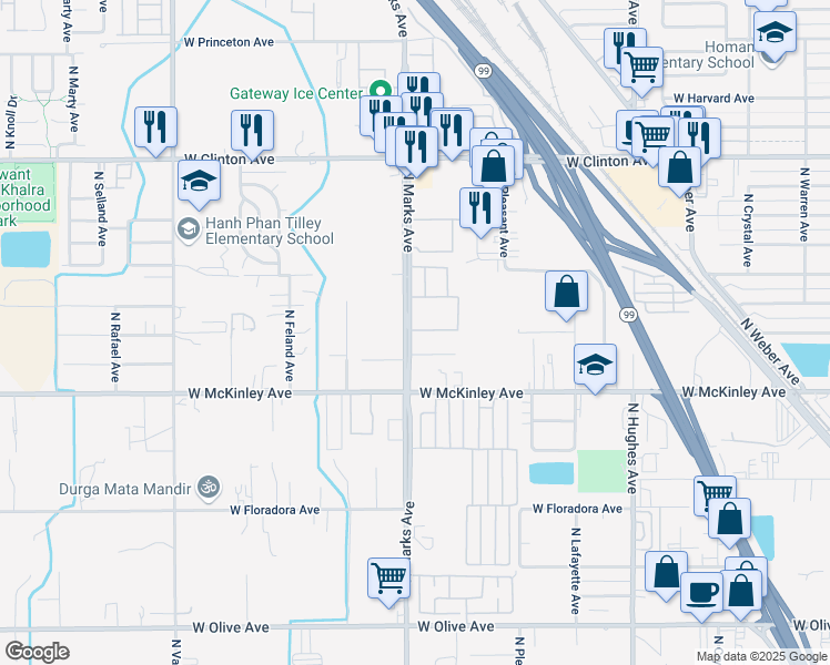 map of restaurants, bars, coffee shops, grocery stores, and more near 2130 North Marks Avenue in Fresno