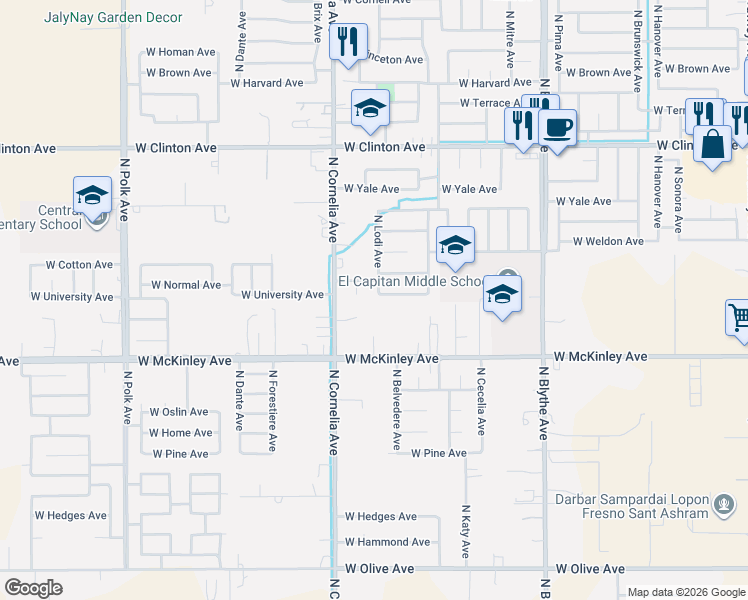 map of restaurants, bars, coffee shops, grocery stores, and more near 4725 West University Avenue in Fresno