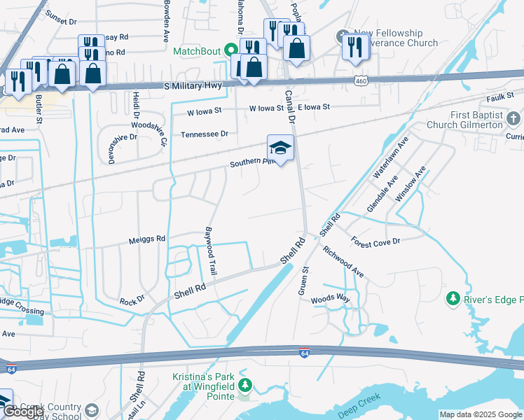 map of restaurants, bars, coffee shops, grocery stores, and more near 115 Lake Street in Chesapeake