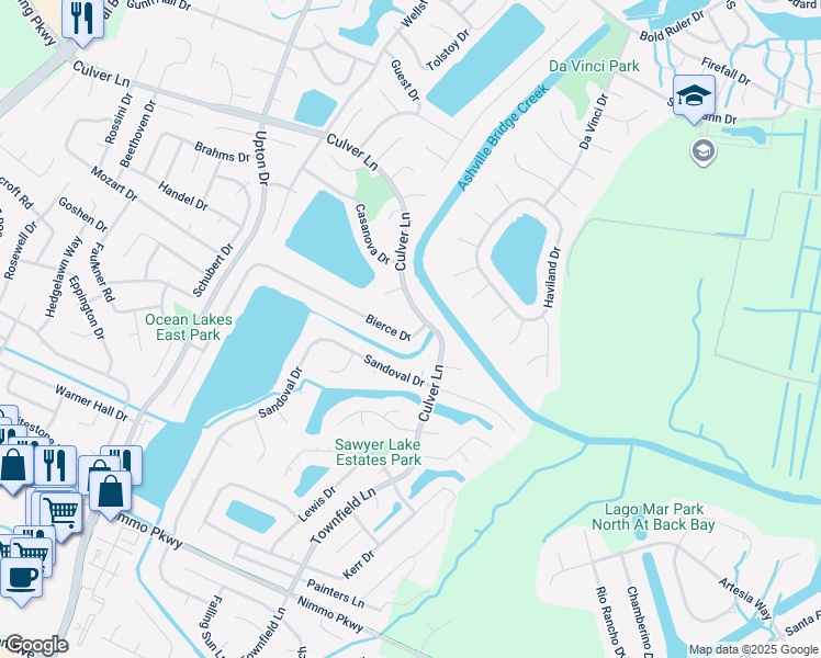 map of restaurants, bars, coffee shops, grocery stores, and more near 2005 Bierce Drive in Virginia Beach