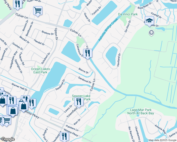 map of restaurants, bars, coffee shops, grocery stores, and more near 2005 Bierce Drive in Virginia Beach