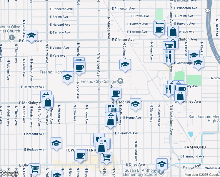 map of restaurants, bars, coffee shops, grocery stores, and more near 1721 North Van Ness Avenue in Fresno