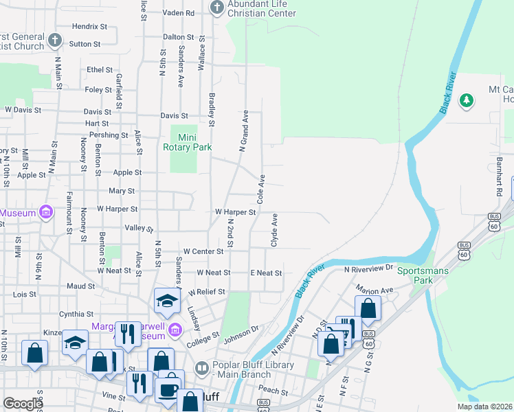 map of restaurants, bars, coffee shops, grocery stores, and more near 1107 Cole Avenue in Poplar Bluff
