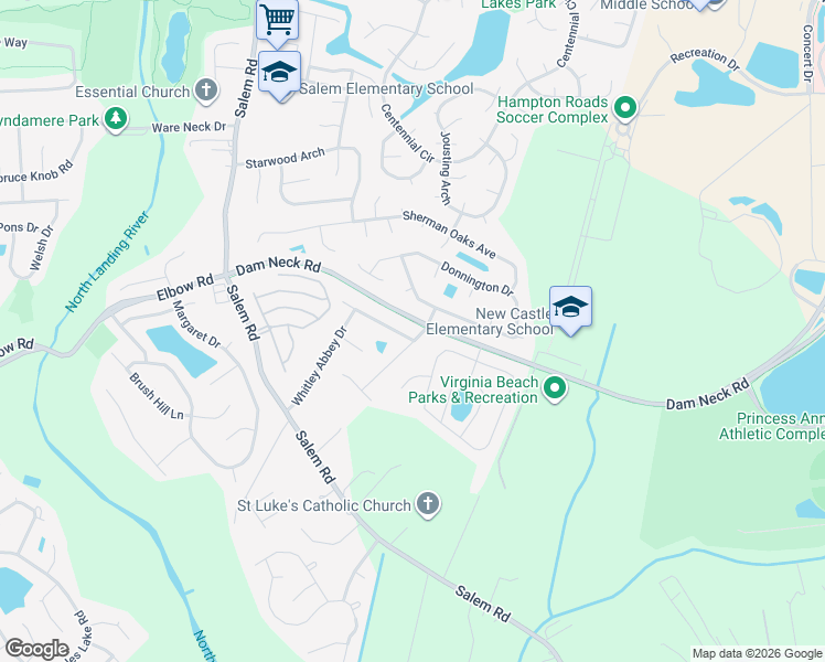map of restaurants, bars, coffee shops, grocery stores, and more near 3800 Middleham Drive in Virginia Beach