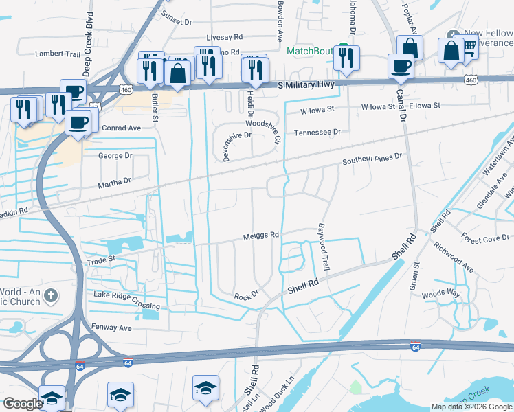 map of restaurants, bars, coffee shops, grocery stores, and more near 717 Hopewell Drive in Chesapeake