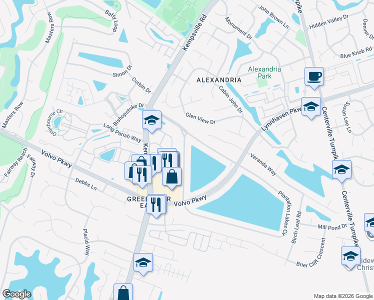 map of restaurants, bars, coffee shops, grocery stores, and more near 1529 Plantation Lakes Circle in Chesapeake