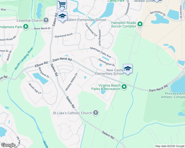map of restaurants, bars, coffee shops, grocery stores, and more near 3800 Middleham Drive in Virginia Beach
