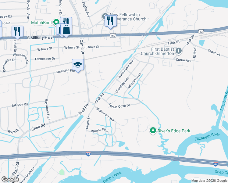 map of restaurants, bars, coffee shops, grocery stores, and more near 1301 Waterlawn Avenue in Chesapeake