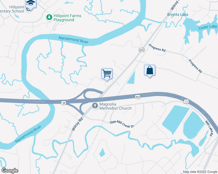 map of restaurants, bars, coffee shops, grocery stores, and more near 1647 Wilroy Road in Suffolk