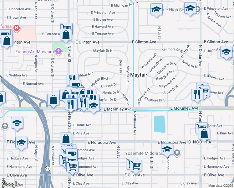 map of restaurants, bars, coffee shops, grocery stores, and more near 3484 Norris Drive South in Fresno