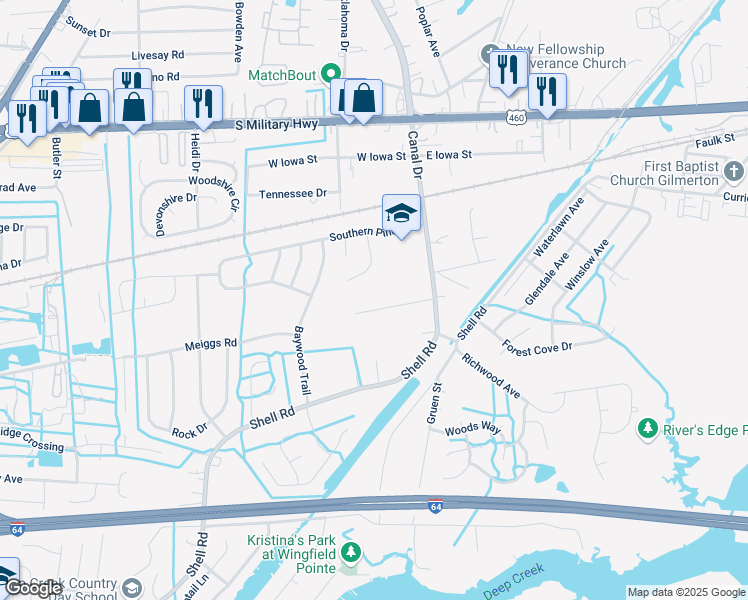 map of restaurants, bars, coffee shops, grocery stores, and more near 115 Lake Street in Chesapeake
