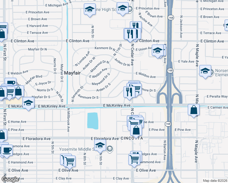 map of restaurants, bars, coffee shops, grocery stores, and more near 4046 East Brentwood Avenue in Fresno