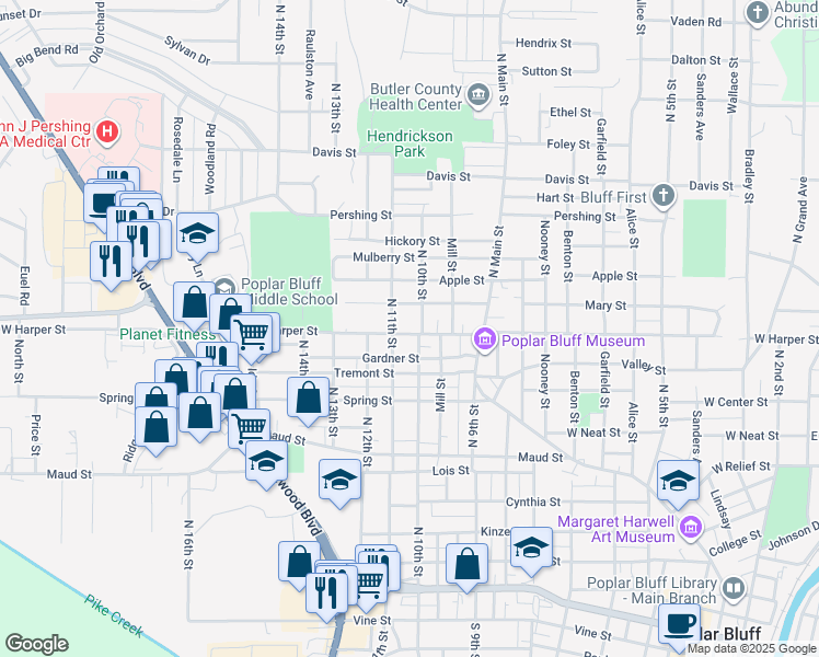 map of restaurants, bars, coffee shops, grocery stores, and more near 1005 West Harper Street in Poplar Bluff