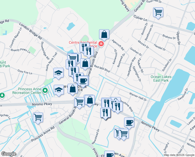 map of restaurants, bars, coffee shops, grocery stores, and more near 1205 Hickman Arch in Virginia Beach