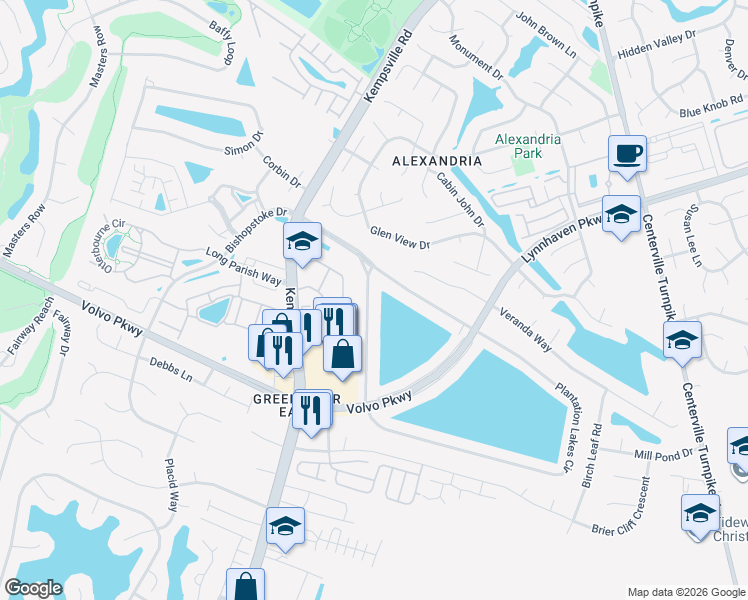 map of restaurants, bars, coffee shops, grocery stores, and more near 1529 Plantation Lakes Circle in Chesapeake