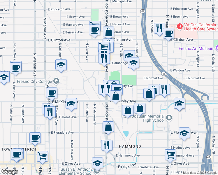 map of restaurants, bars, coffee shops, grocery stores, and more near 1744 East University Avenue in Fresno