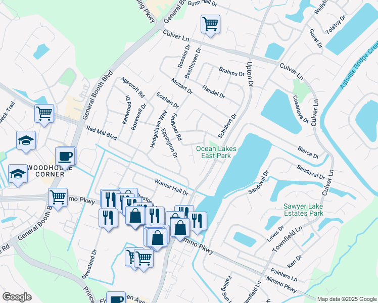 map of restaurants, bars, coffee shops, grocery stores, and more near 1200 Thackeray Court in Virginia Beach