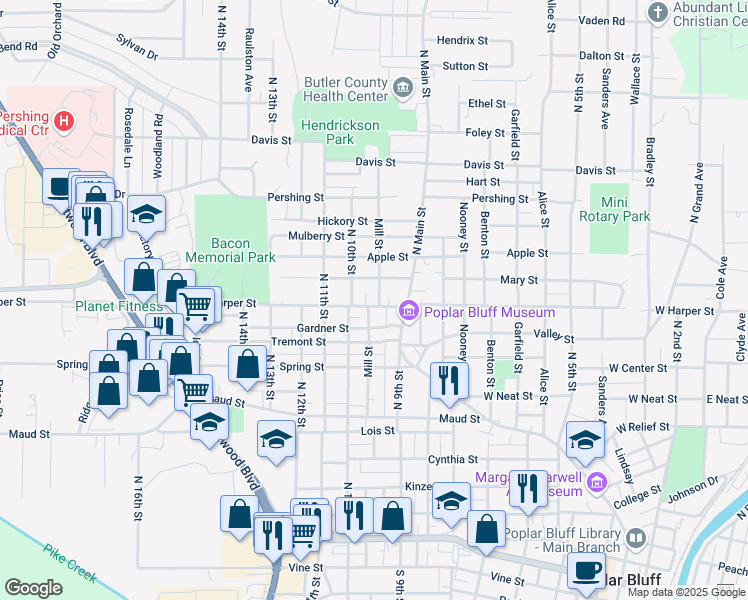 map of restaurants, bars, coffee shops, grocery stores, and more near 931 West Harper Street in Poplar Bluff