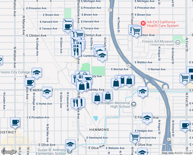 map of restaurants, bars, coffee shops, grocery stores, and more near 1910 East University Avenue in Fresno