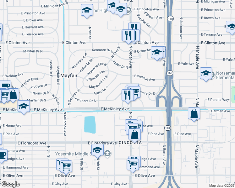 map of restaurants, bars, coffee shops, grocery stores, and more near 4046 East Brentwood Avenue in Fresno