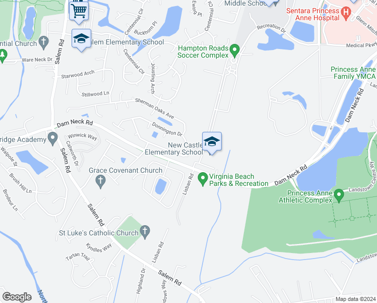 map of restaurants, bars, coffee shops, grocery stores, and more near 3800 Donnington Drive in Virginia Beach