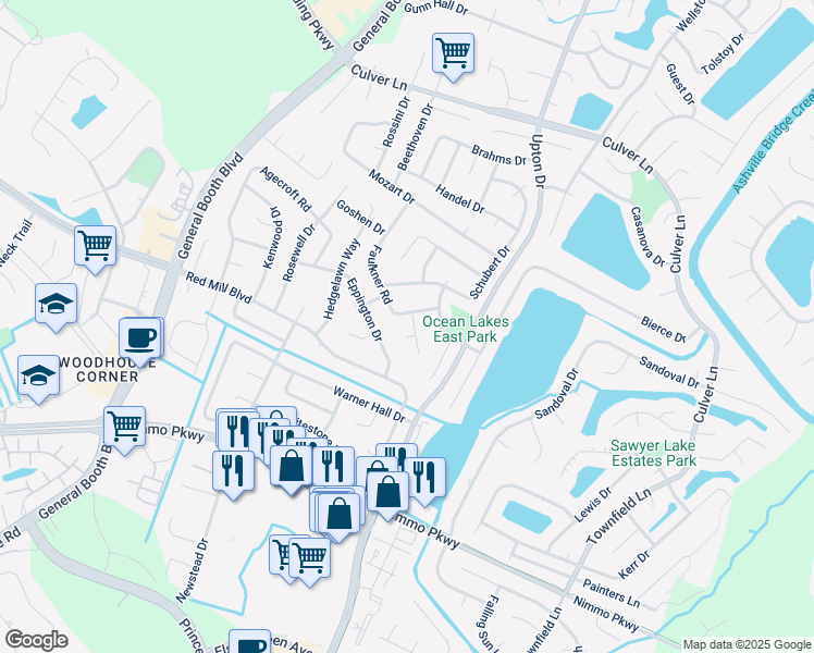 map of restaurants, bars, coffee shops, grocery stores, and more near 1200 Thackeray Court in Virginia Beach