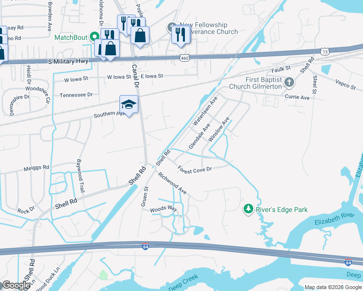 map of restaurants, bars, coffee shops, grocery stores, and more near 1301 Waterlawn Avenue in Chesapeake
