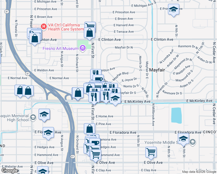 map of restaurants, bars, coffee shops, grocery stores, and more near 3256 Mayfair Boulevard in Fresno