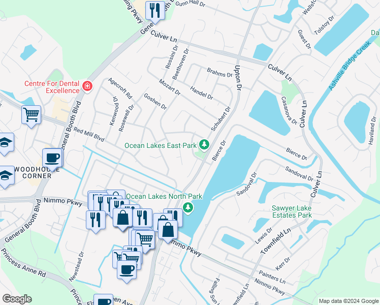 map of restaurants, bars, coffee shops, grocery stores, and more near 1285 Tennyson Road in Virginia Beach