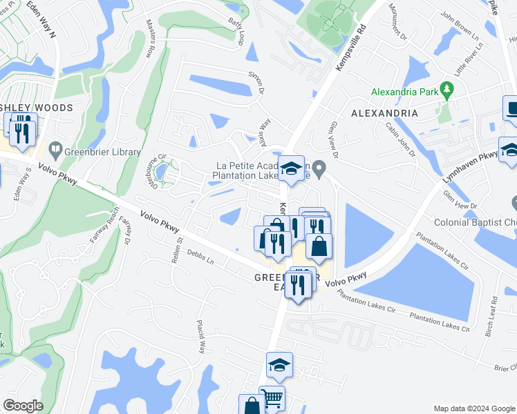 map of restaurants, bars, coffee shops, grocery stores, and more near 1431 Titchfield Drive in Chesapeake