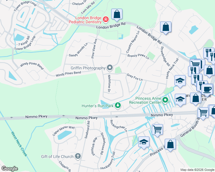 map of restaurants, bars, coffee shops, grocery stores, and more near 2029 Melstone Drive in Virginia Beach