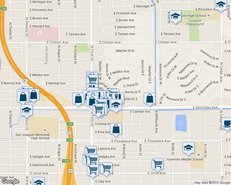 map of restaurants, bars, coffee shops, grocery stores, and more near in Fresno