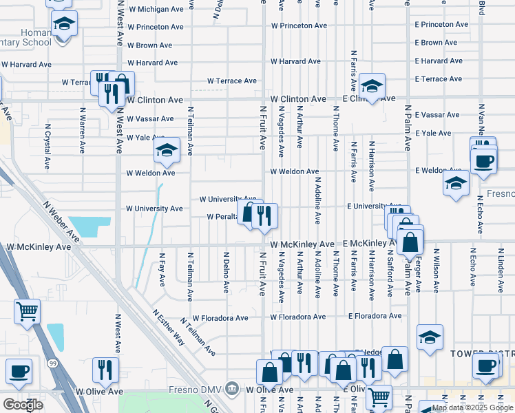 map of restaurants, bars, coffee shops, grocery stores, and more near 536 West Peralta Way in Fresno