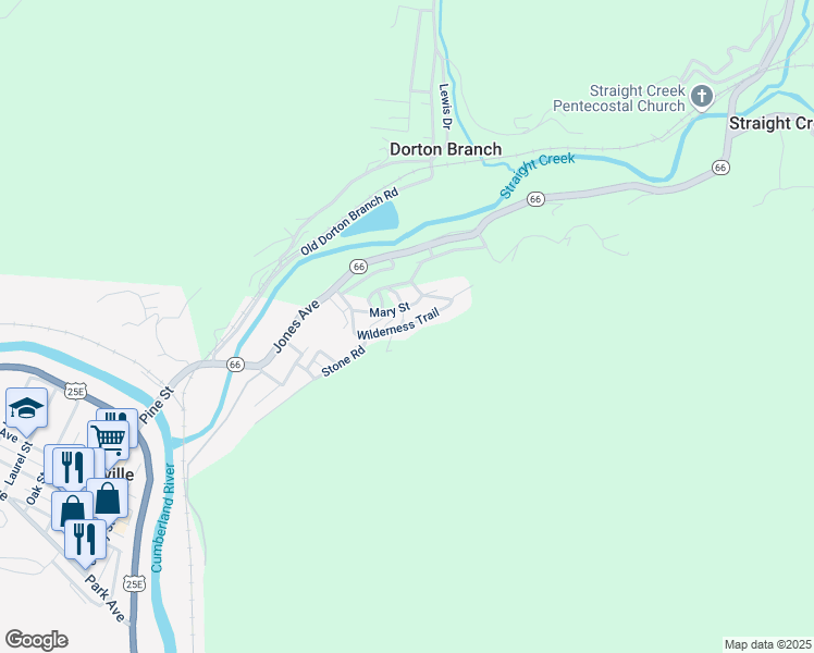 map of restaurants, bars, coffee shops, grocery stores, and more near 300 Wilderness Trail in Pineville