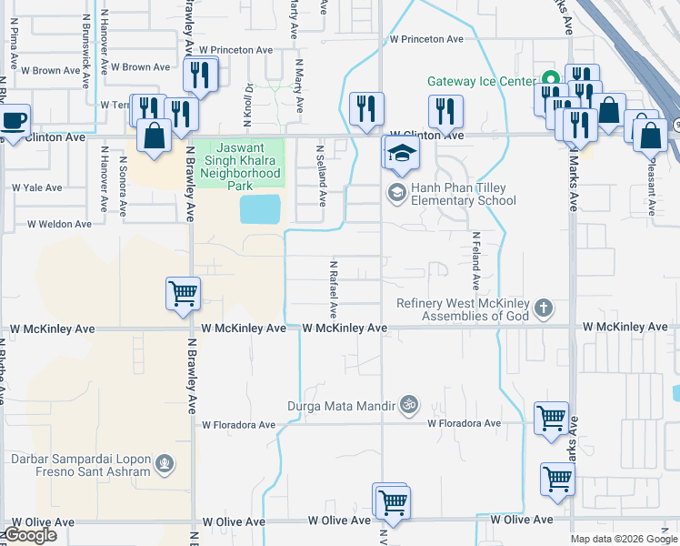map of restaurants, bars, coffee shops, grocery stores, and more near 3452 West University Avenue in Fresno