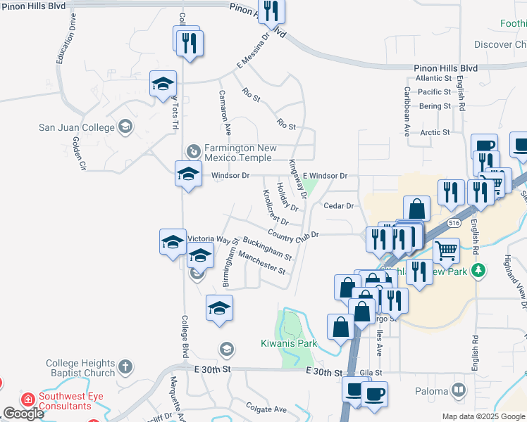map of restaurants, bars, coffee shops, grocery stores, and more near 4104 Darby Lane in Farmington